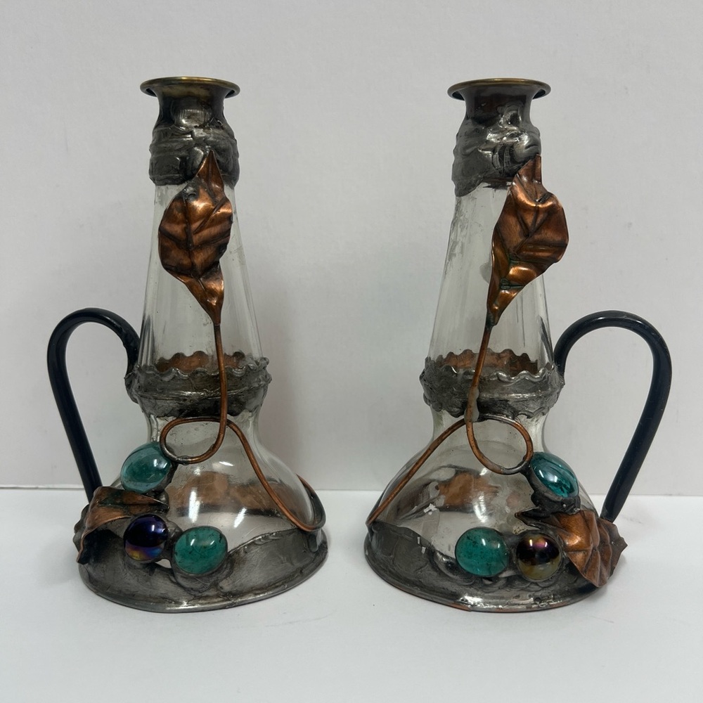 Vintage Candlestick Holders With Handle Copper Glass Stones Israel Elanomi 6”